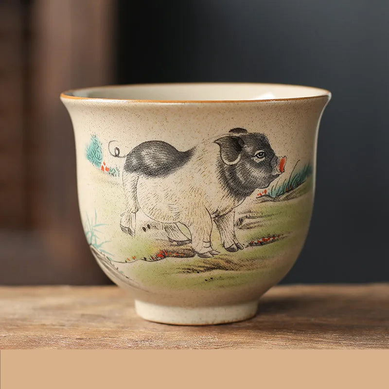 1 Pc Chinese Zodiac Ceramic Tea Cup Handmade Vintage Pottery Tea Bowl Teaware Master Teacup Personal Meditation Cup 110ml