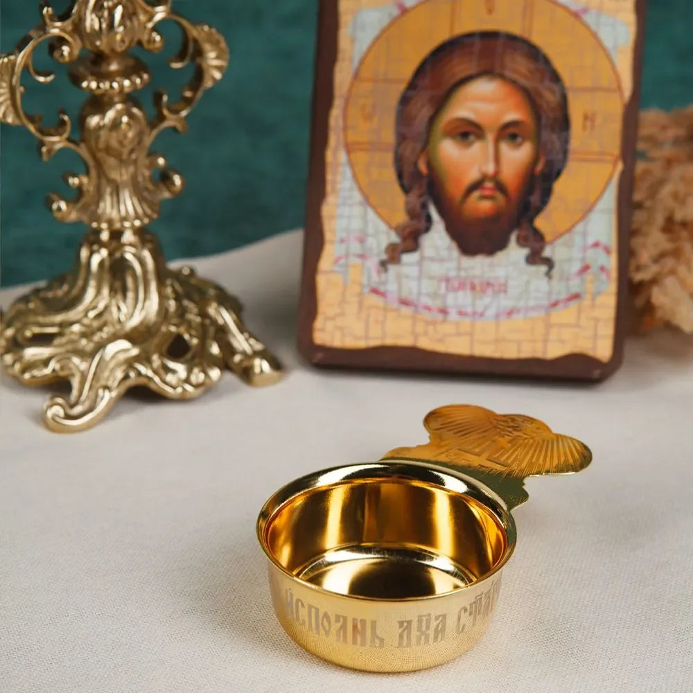 HTISOK Eastern Orthodox Church Baptismal Supplies Gold Plated Holy Grail Plate Spoon Religious Ritual Accessories Holy Water Set