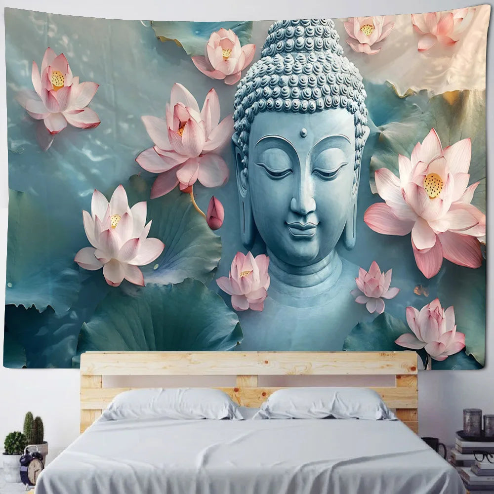 White Lotus Buddha Tapestry Wall Hanging - Zen Decor for Meditation Room Home Spiritual Yoga Studio Minimalist Enlightenment Art