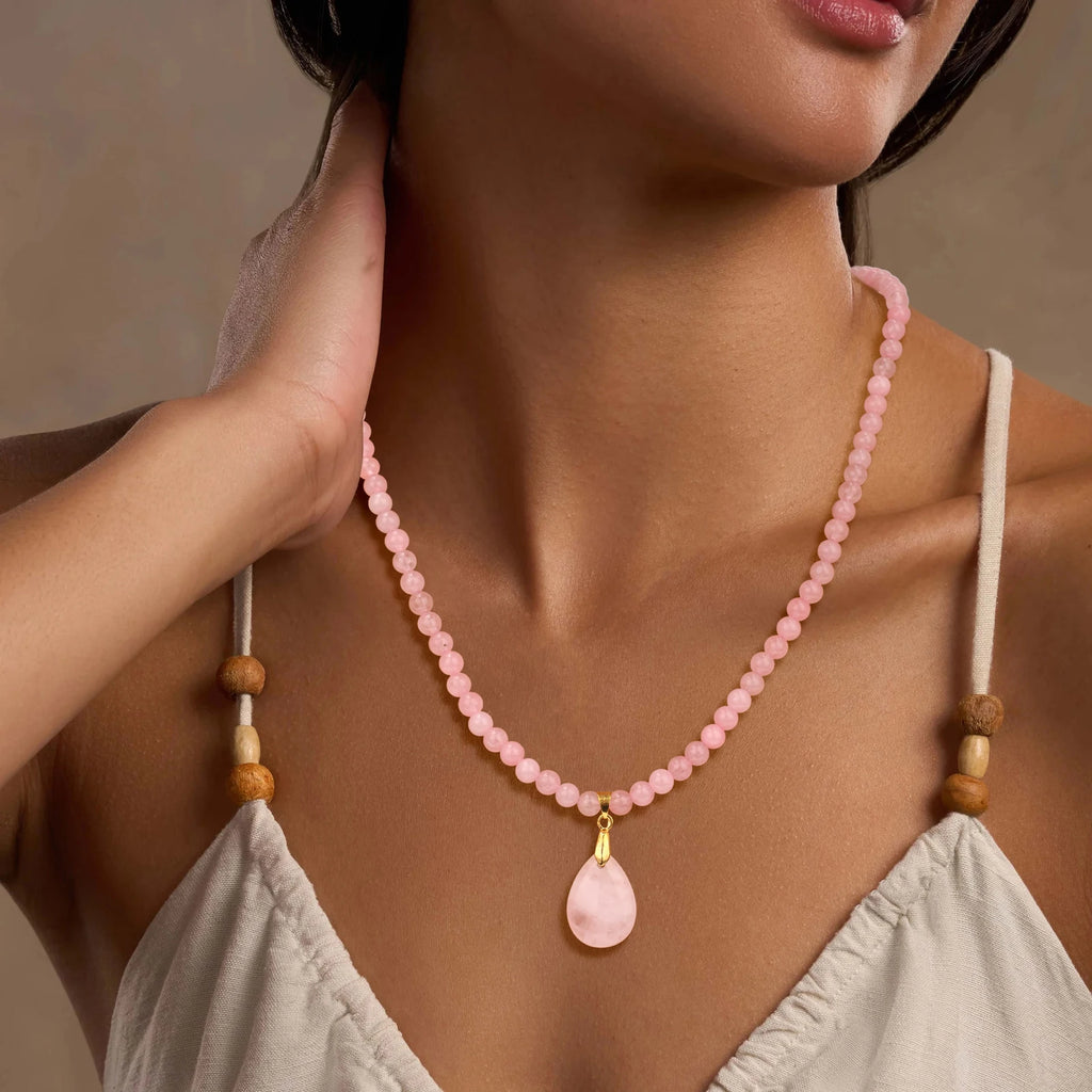 Fashion Boho Rose Quartz Necklace 6mm Round Beads Waterdrop Pendant Necklace for Women Collar Healing Crystal Jewelry