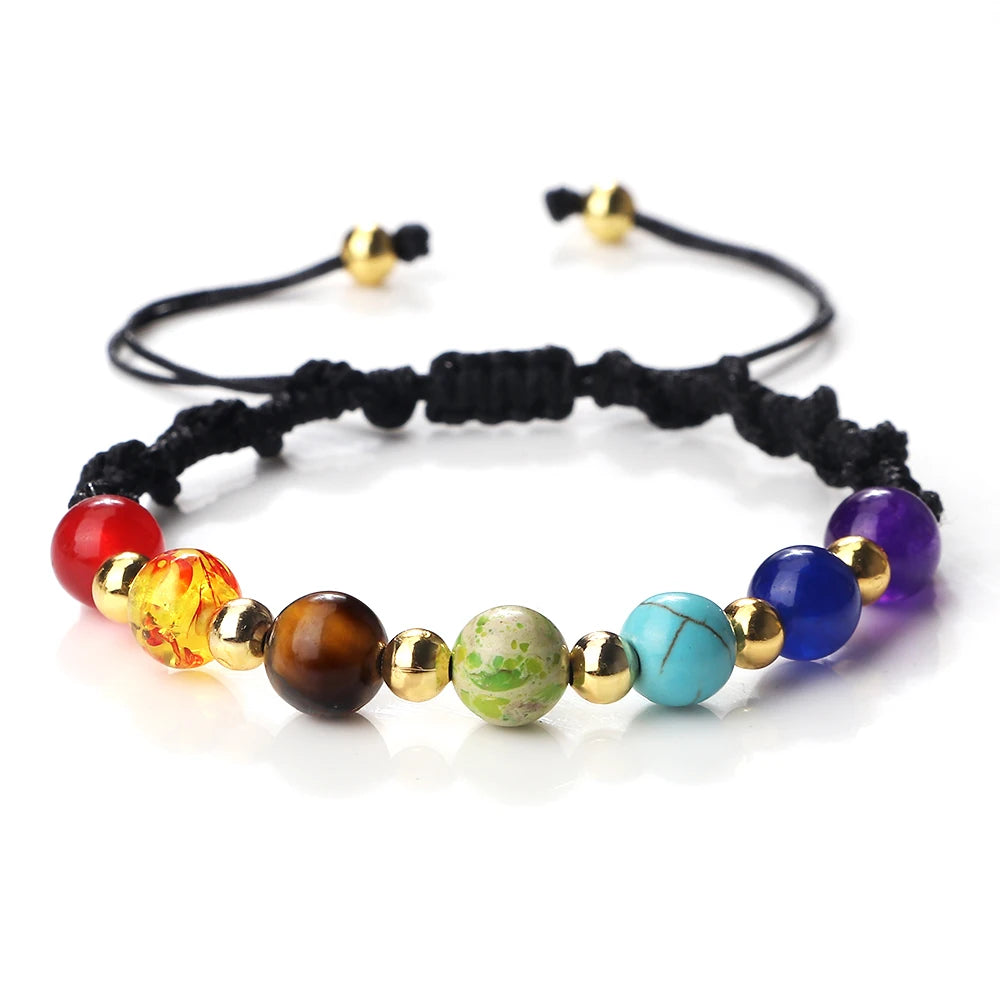 Reiki 7 Chakra Bracelet Natural Stone Rope Braided Yoga Healing Gold Color Copper Beads Bracelets & Bangles Meditation Jewelry