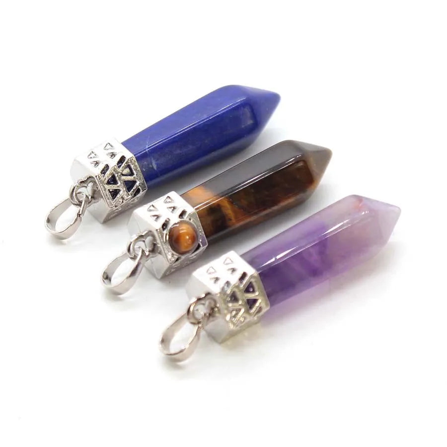 Natural Healing Amethyst Crystal Hexagonal Stone Pendants For Women Necklace DIY Rose Quartz Lapis Lazuli Agate Pendant Jewelry