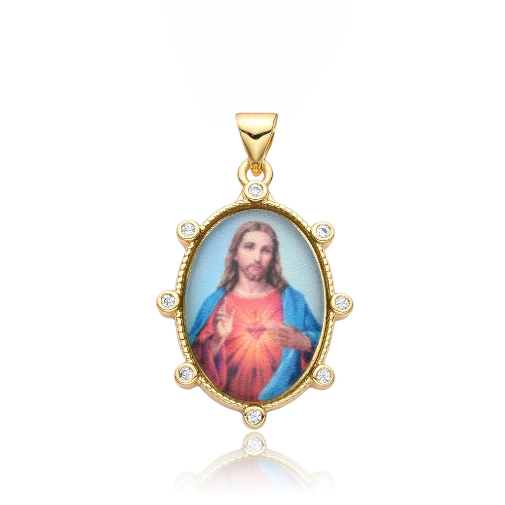 Gold Plated Enamel Virgin Mary Pendant Sacred Heart of Jesus Zirconia Edges Medal Necklace Divine Child Charms Catholic Jewelry