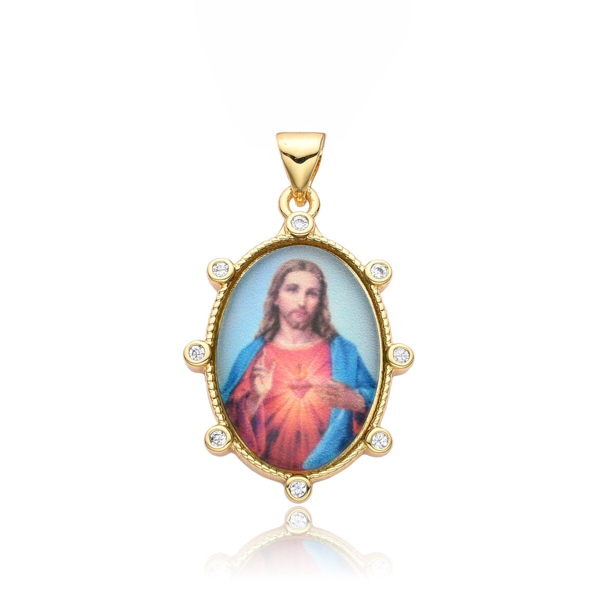 Gold Plated Enamel Virgin Mary Pendant Sacred Heart of Jesus Zirconia Edges Medal Necklace Divine Child Charms Catholic Jewelry