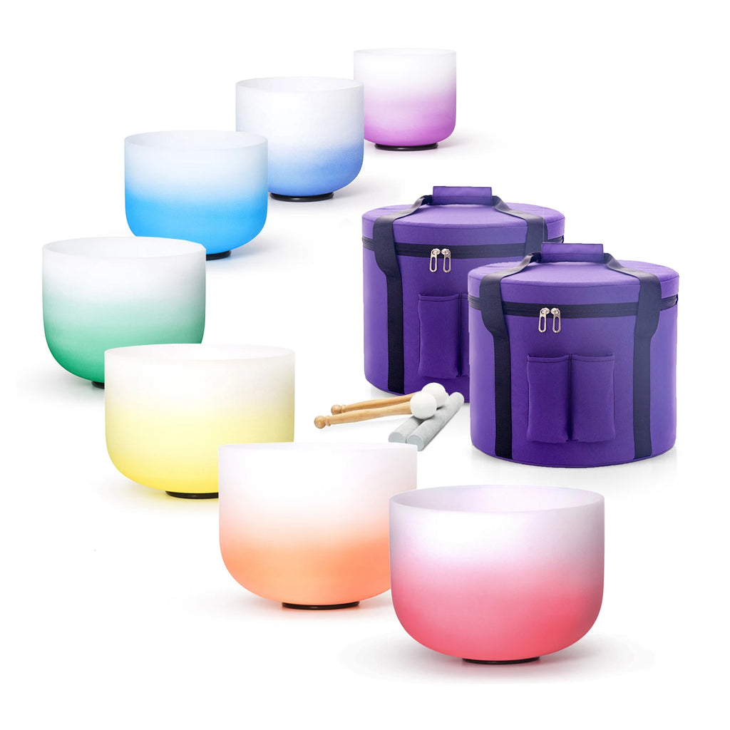 440/432HZ Color Chakra Frosted Quartz Crystal Singing Bowls 6-12" set of 7pcs for yoga and Meditation Sound Healing with Bag