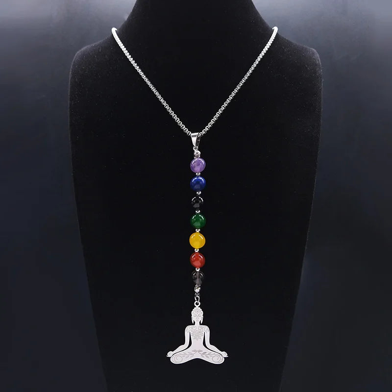 7 Chakra Yoga Flower of Life Necklace Lotus Buddhas Moon Carved Gem Stone Beads Necklaces Reiki Healing Balancing Maxi Jewelry