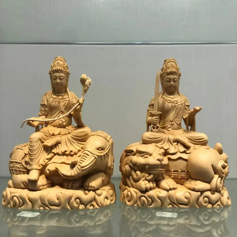 Hand Carved Hinoki Wood Manjushri on Lion Samantabhadra on Elephant Bodhisattva Statues Pair (Set of 2) - Spiritual Ornament