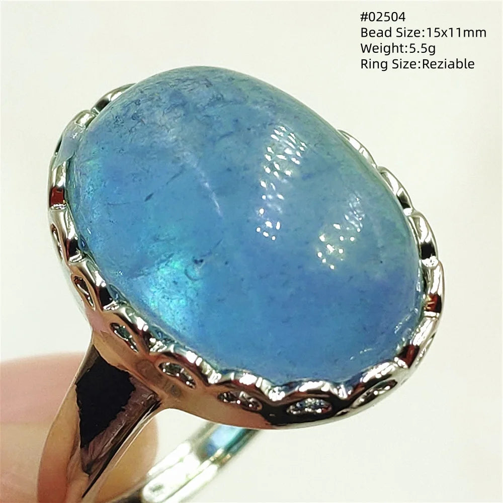 Natural Blue Aquamarine Beads Ring Adjustable Brazil Ring Oval 925 Sterling Silver Aquamarine Jewelry Women AAAAA