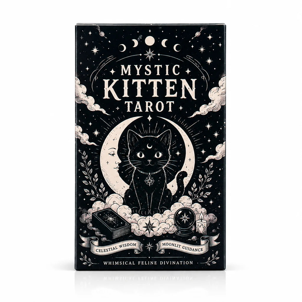 Mystic Kitten Tarot Deck 78 Cards Cat Themed Tarot Cards with Whimsical Feline Illustrations Celestial Moon and Star Design Divi