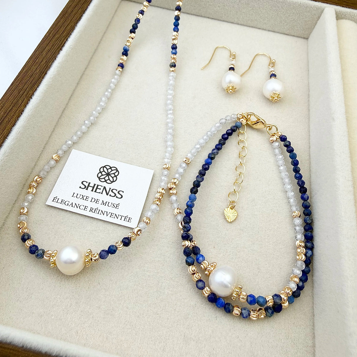 Lapis Lazuli & Zircon Pearl Jewelry Set Luxury Blue-White Contrast Necklace Bracelet Earrings Elegant Versatile Gift for Her