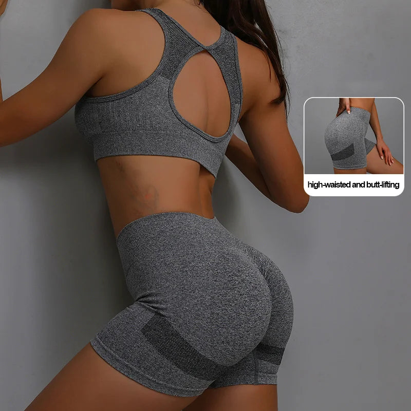 Women's Sports Fitness Yoga Suit Set Breathable Elastic Shorts Peach Bottom Smiling Face Design Beautiful Back Bra Yoga Pant