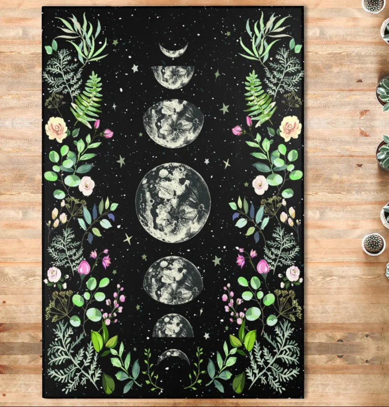 Black Celestial Botanical Rug Gold Floral Night Sky Area Carpet Gothic Starry Living Room Rug Witchy Moon Garden Floor Decor Art