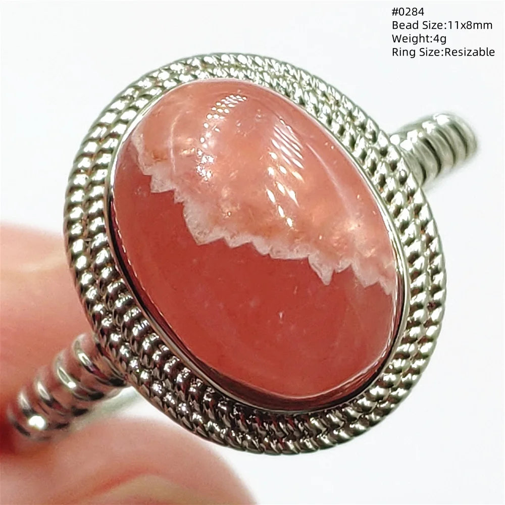 Ice Natural Red Rhodochrosite Rose Adjustable Ring 13x10mm 925 Sterling Silver For Women Ring Oval Bead AAAAA