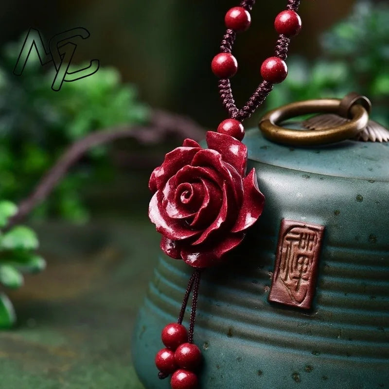 Fashion Cinnabar Jade Rose Flower Pendant Necklace Jewellery Chinese Healing Women Man Luck Gift Sweater Chain Amulet