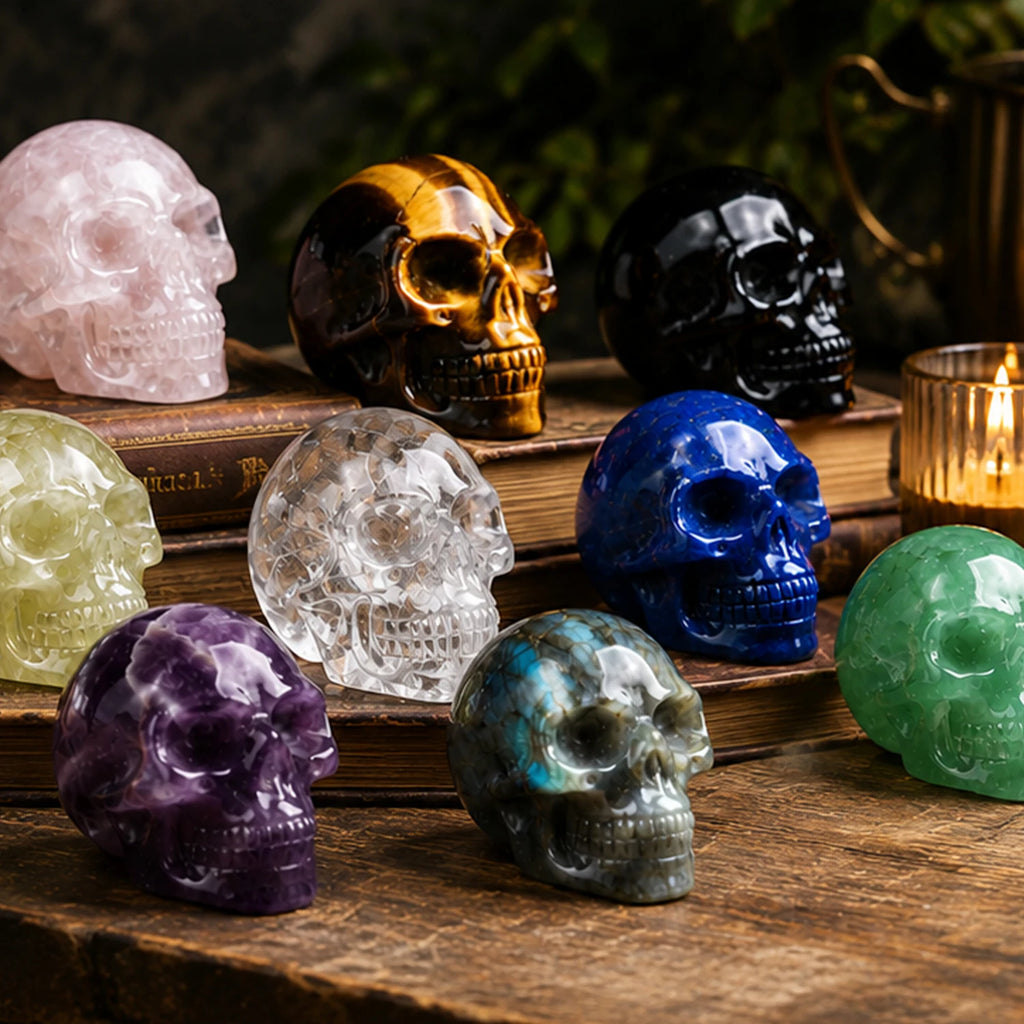 2 Inch Natural Crystal Skull Figurine Hand Carved Gemstone Amethyst Skull Statue Home Desk Decor Ornament Halloween Gift