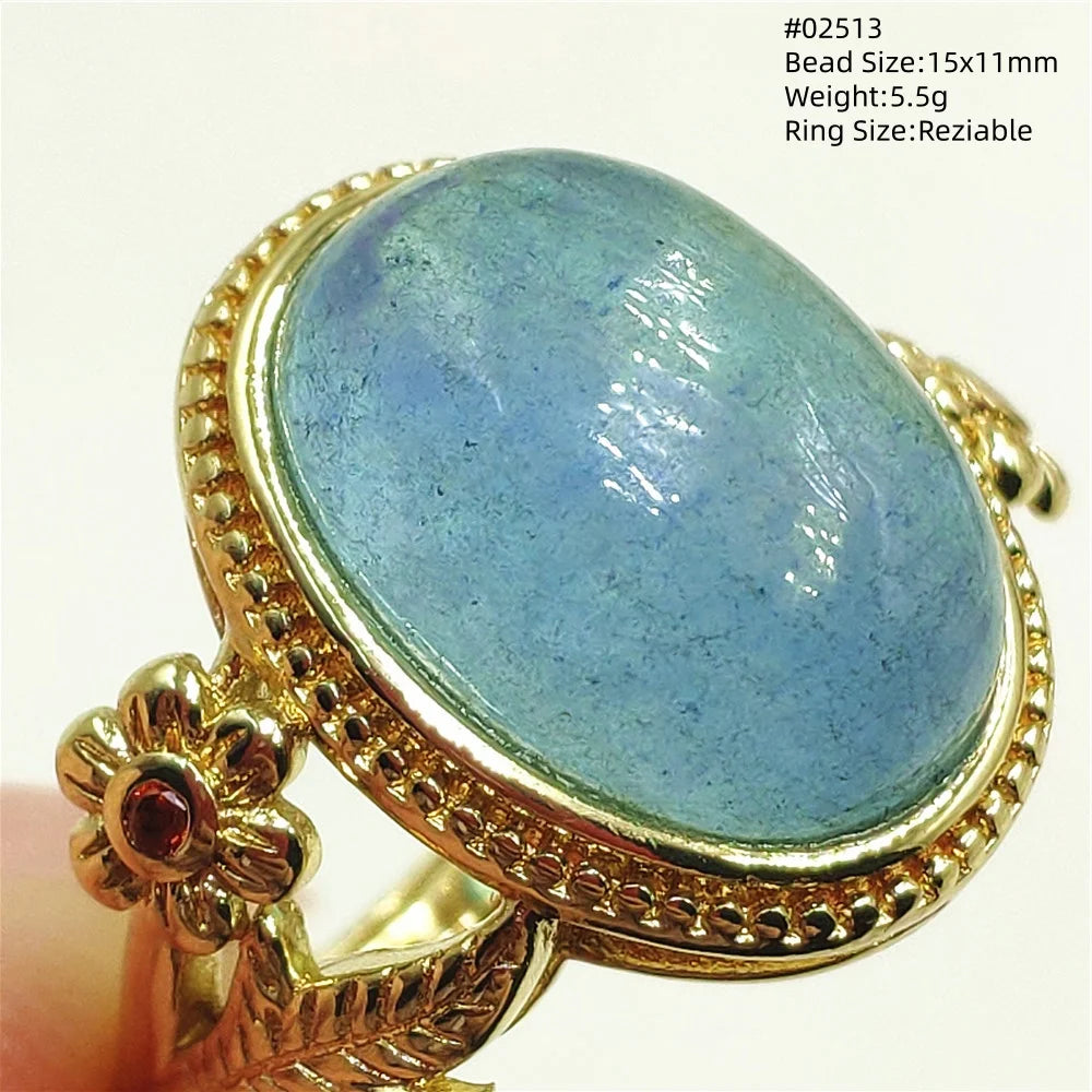 Natural Blue Aquamarine Beads Ring Adjustable Brazil Ring Oval 925 Sterling Silver Aquamarine Jewelry Women AAAAA