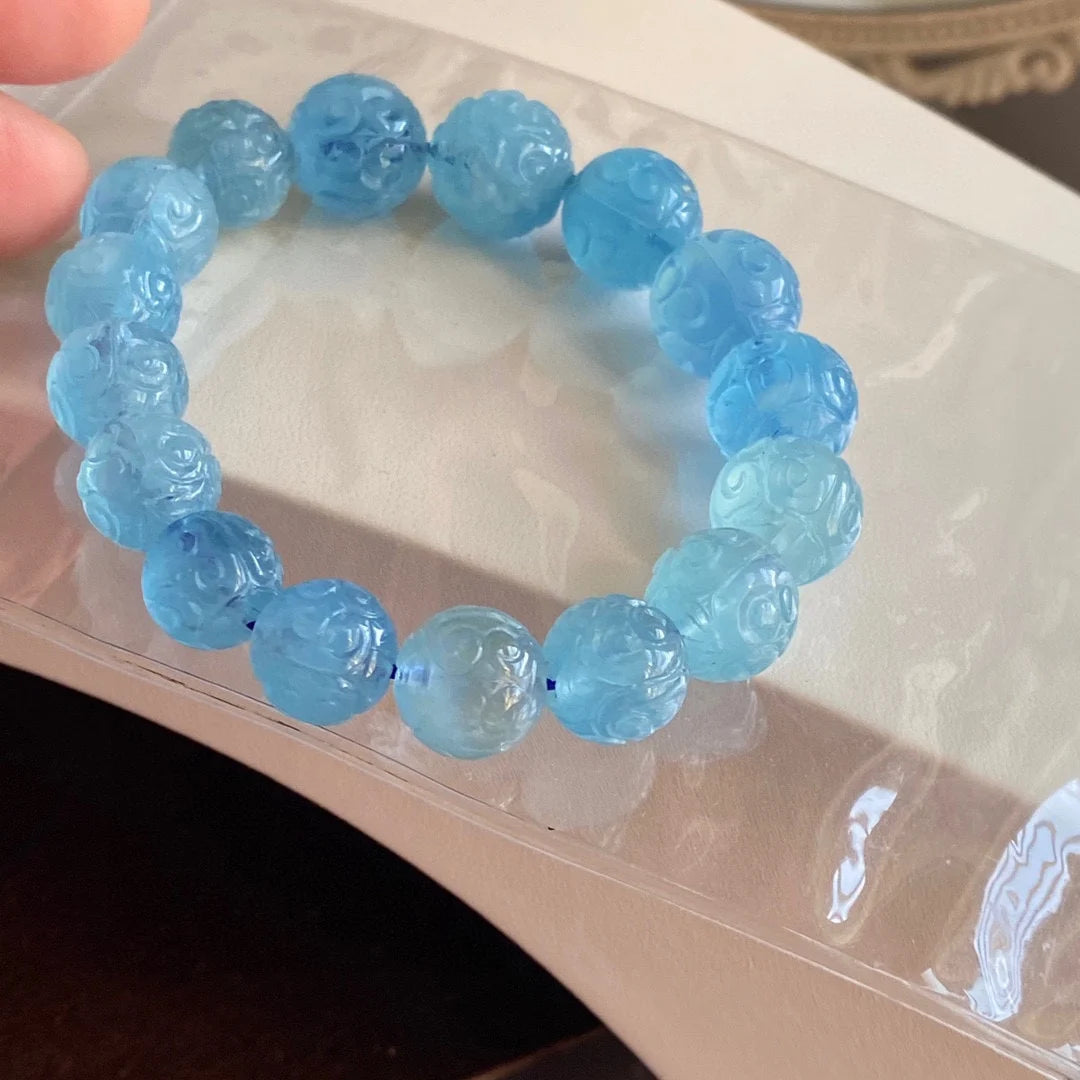 Natural Blue Aquamarine Beads Bracelet 13mm Carved Women Men Stretch Brazil Aquamarine Bracelet Jewelry AAAAAA