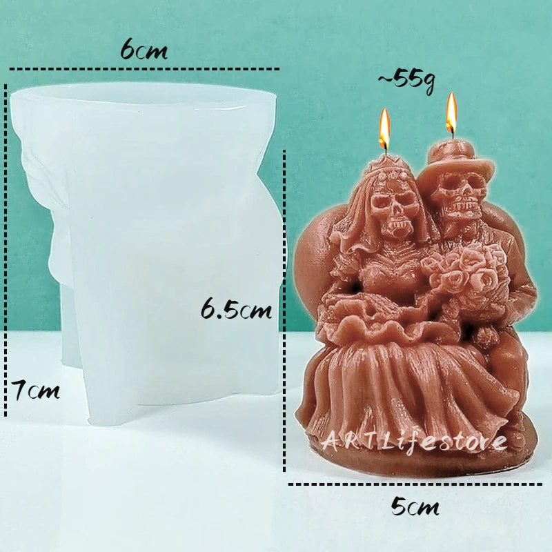 New Skull Couple Silicone Candle Mold DIY Bride and Groom Sculpture Crafts Plaster Resin Casting Tool Halloween Decoration Gift