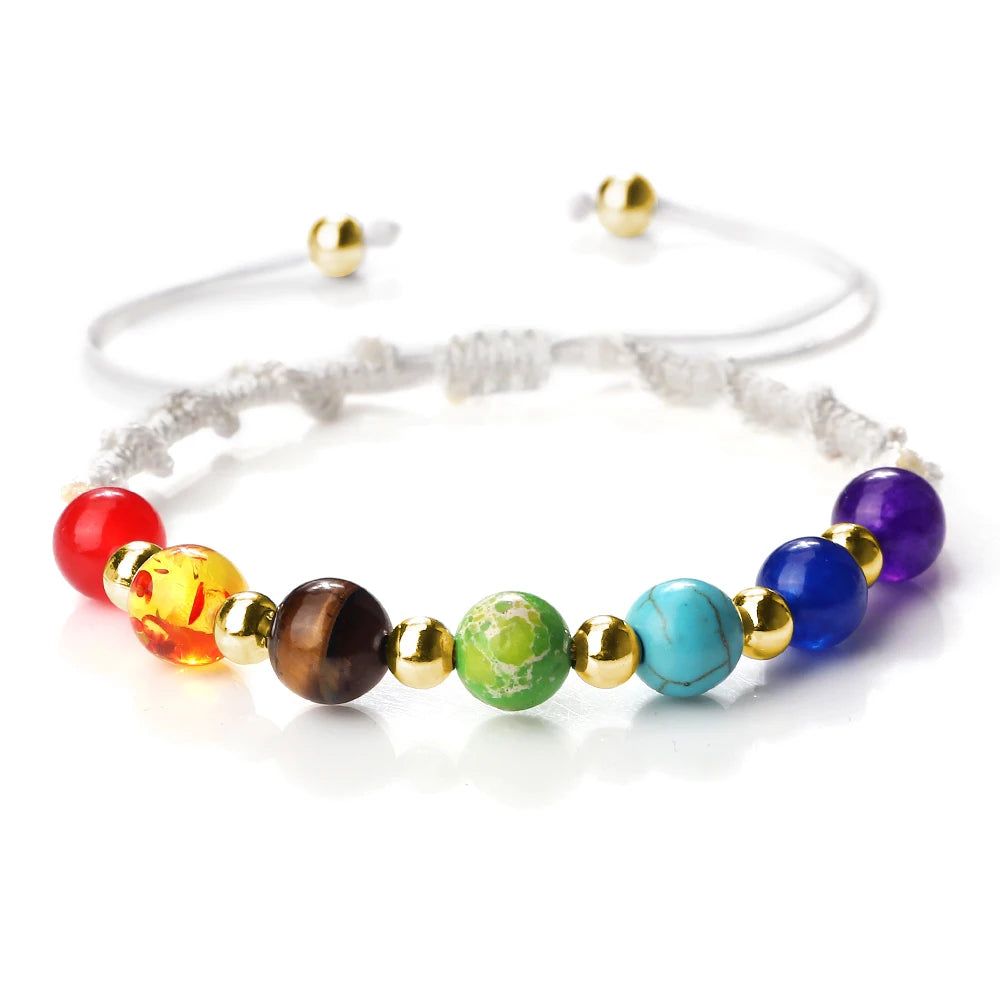 Reiki 7 Chakra Bracelet Natural Stone Rope Braided Yoga Healing Gold Color Copper Beads Bracelets & Bangles Meditation Jewelry