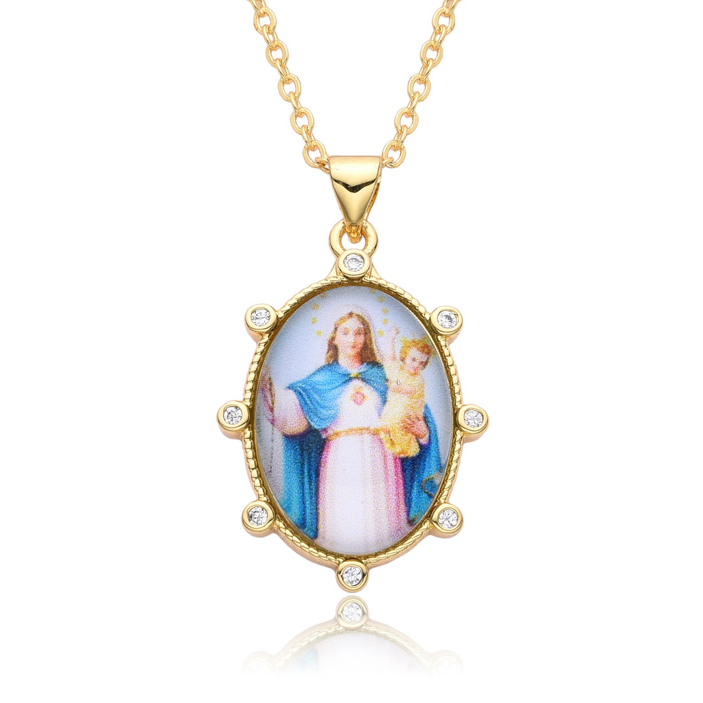 Gold Plated Enamel Virgin Mary Pendant Sacred Heart of Jesus Zirconia Edges Medal Necklace Divine Child Charms Catholic Jewelry