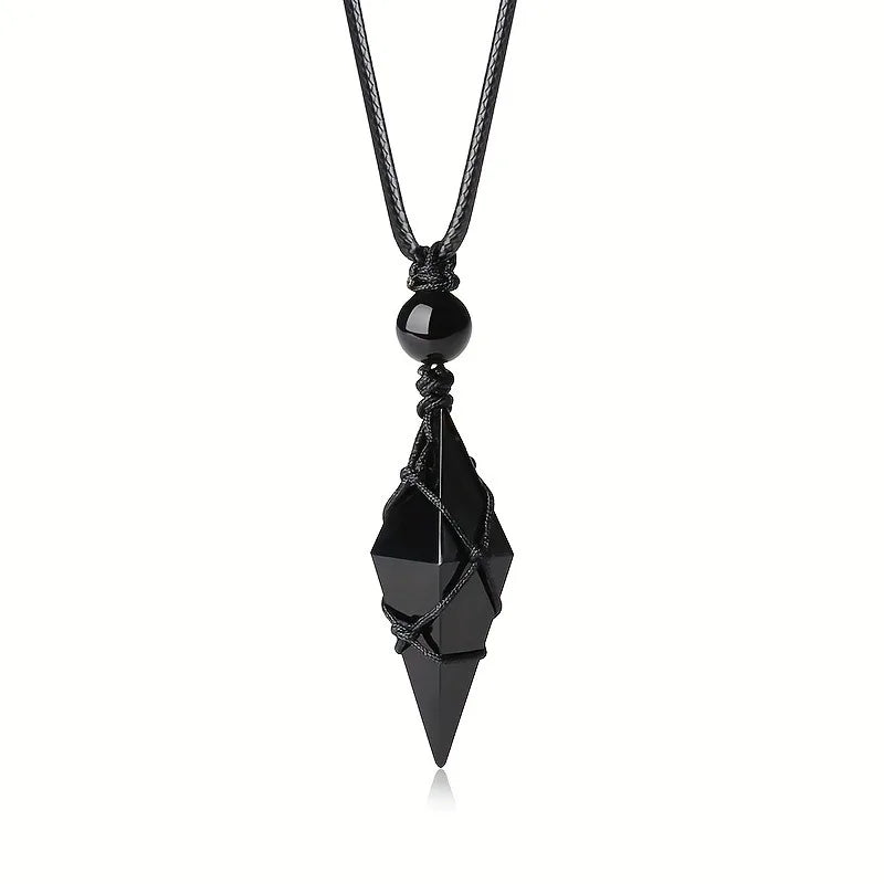 Black Obsidian Arrowhead Crystal Pendant Necklace Men Women Natural Stone Healing Crystal Wrap Cord Necklace Daily Wear Jewelry