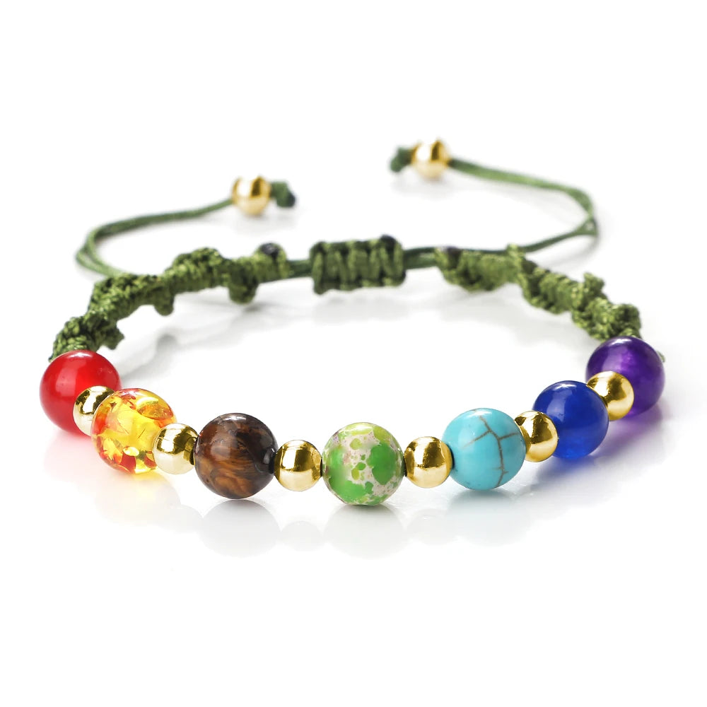 Reiki 7 Chakra Bracelet Natural Stone Rope Braided Yoga Healing Gold Color Copper Beads Bracelets & Bangles Meditation Jewelry