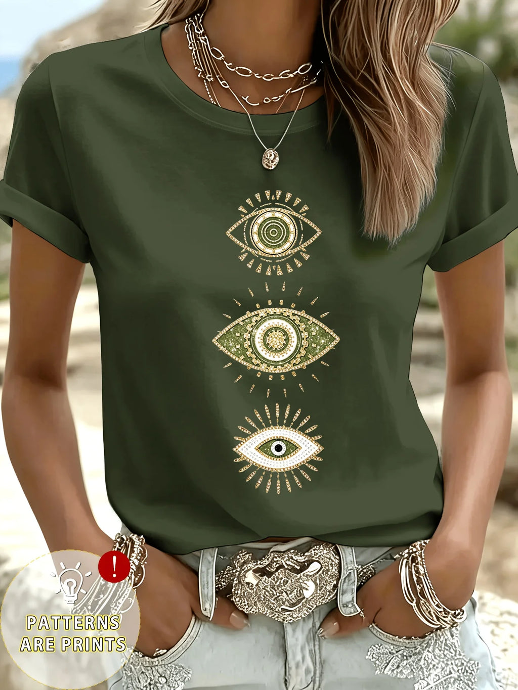 Bohemian Mysterious Eye Pattern Top Türkiye Eye Theme Round Neck Short Sleeve Blue Gold Color Pair Evil Eye Casual Daily T-shirt