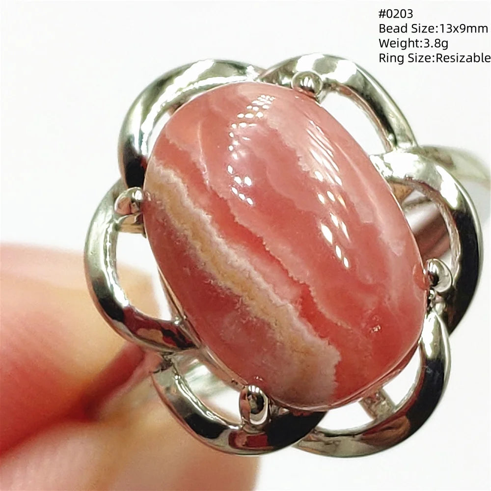 Natural Red Rhodochrosite Adjustable Ring Jewelry Rose Rhodochrosite 925 Sterling Silver Women Oval Bead AAAAA