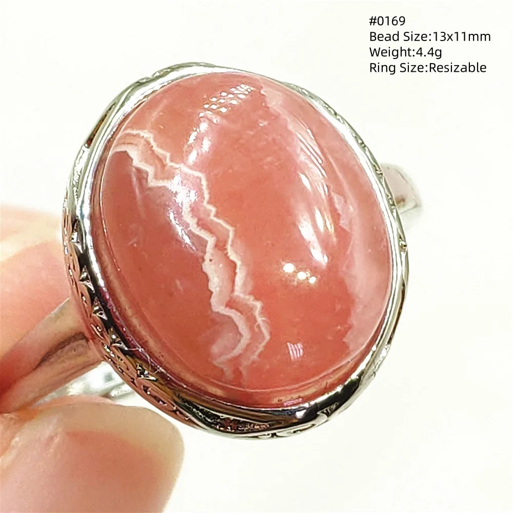 Natural Red Rhodochrosite Adjustable Ring Jewelry Rose Rhodochrosite 925 Sterling Silver Women Oval Bead AAAAA