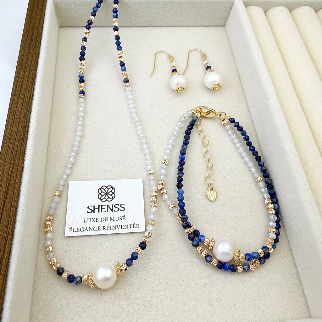 Lapis Lazuli & Zircon Pearl Jewelry Set Luxury Blue-White Contrast Necklace Bracelet Earrings Elegant Versatile Gift for Her