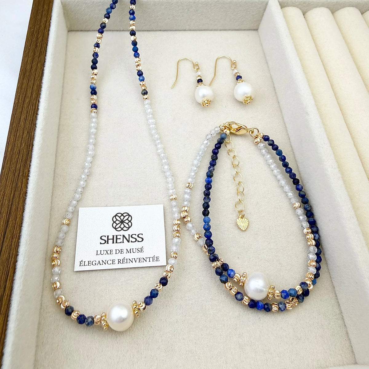 Lapis Lazuli & Zircon Pearl Jewelry Set Luxury Blue-White Contrast Necklace Bracelet Earrings Elegant Versatile Gift for Her