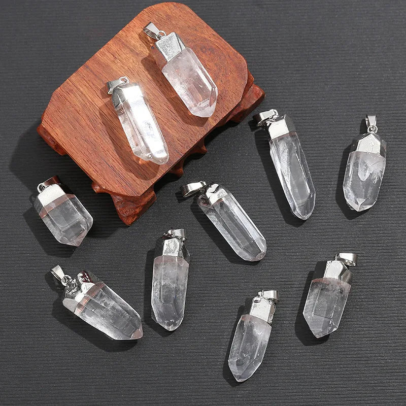 Natural Clear Quartz Crystal Pendant Electroplated Polished Raw Stone Energy Healing Point Charm for DIY Jewelry Making Necklace
