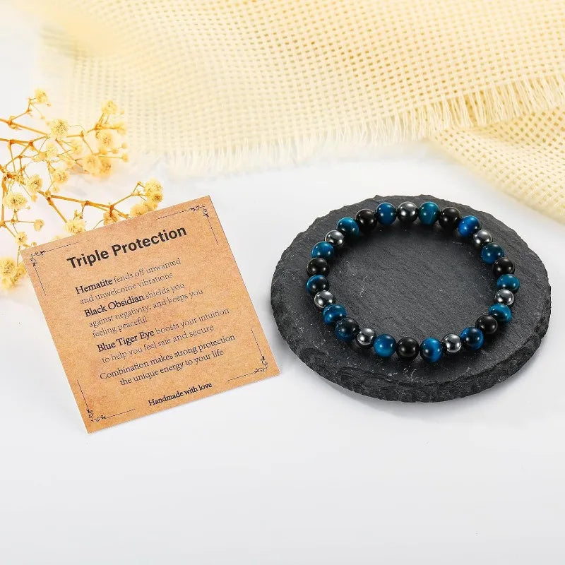 Bracelet for Men Him Dad Son Triple Protection Hematite Black Obsidian Tiger Eye Beaded Bracelets Birthday Healing Jewelry Gifts