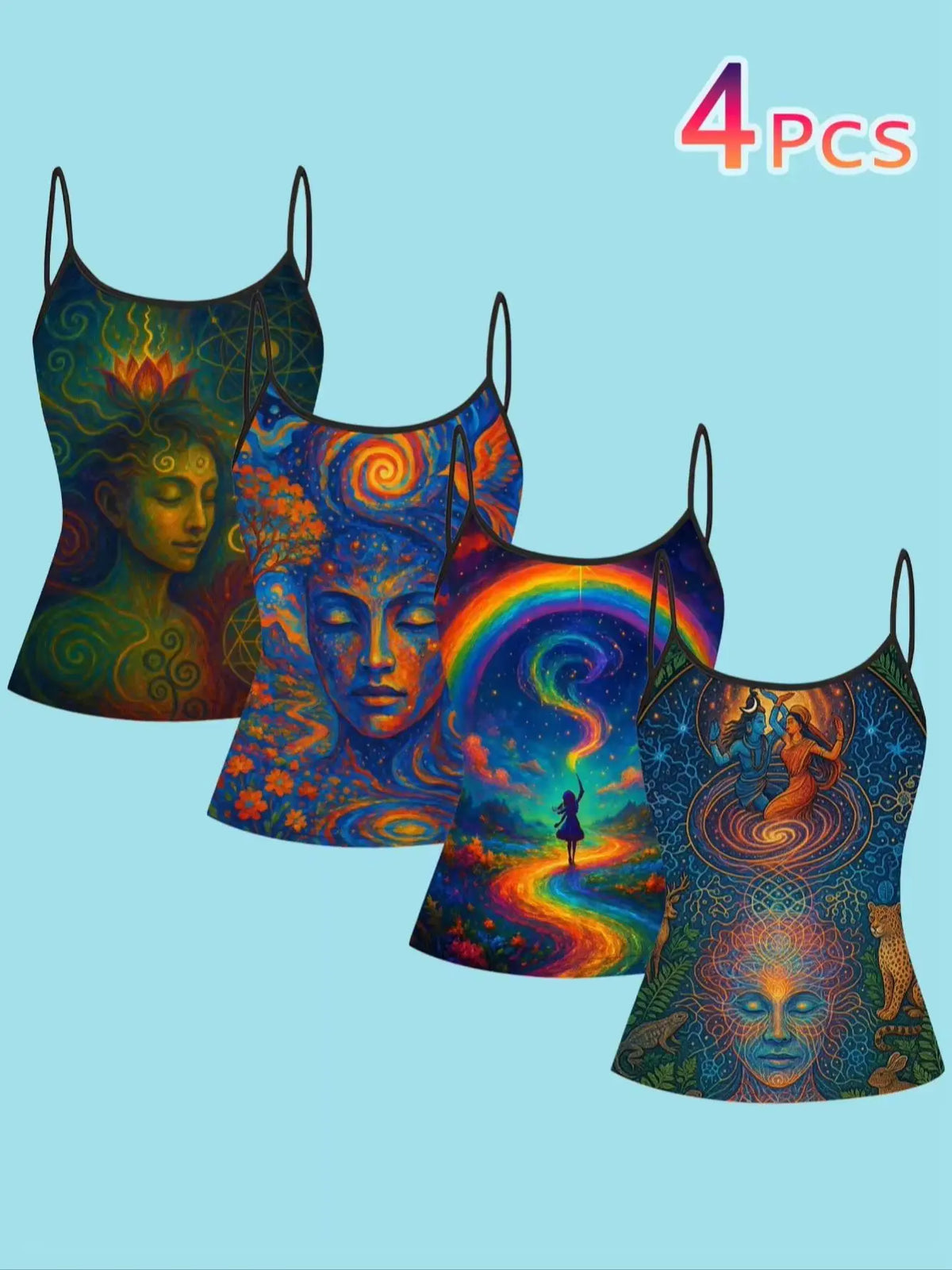 4-Pack of Women's Spiritual Art Print Camisoles with Lotus Meditation Images, Rainbow Light Path, Mythological Symbols, Slim-Fit Spaghetti Strap Inner Tops