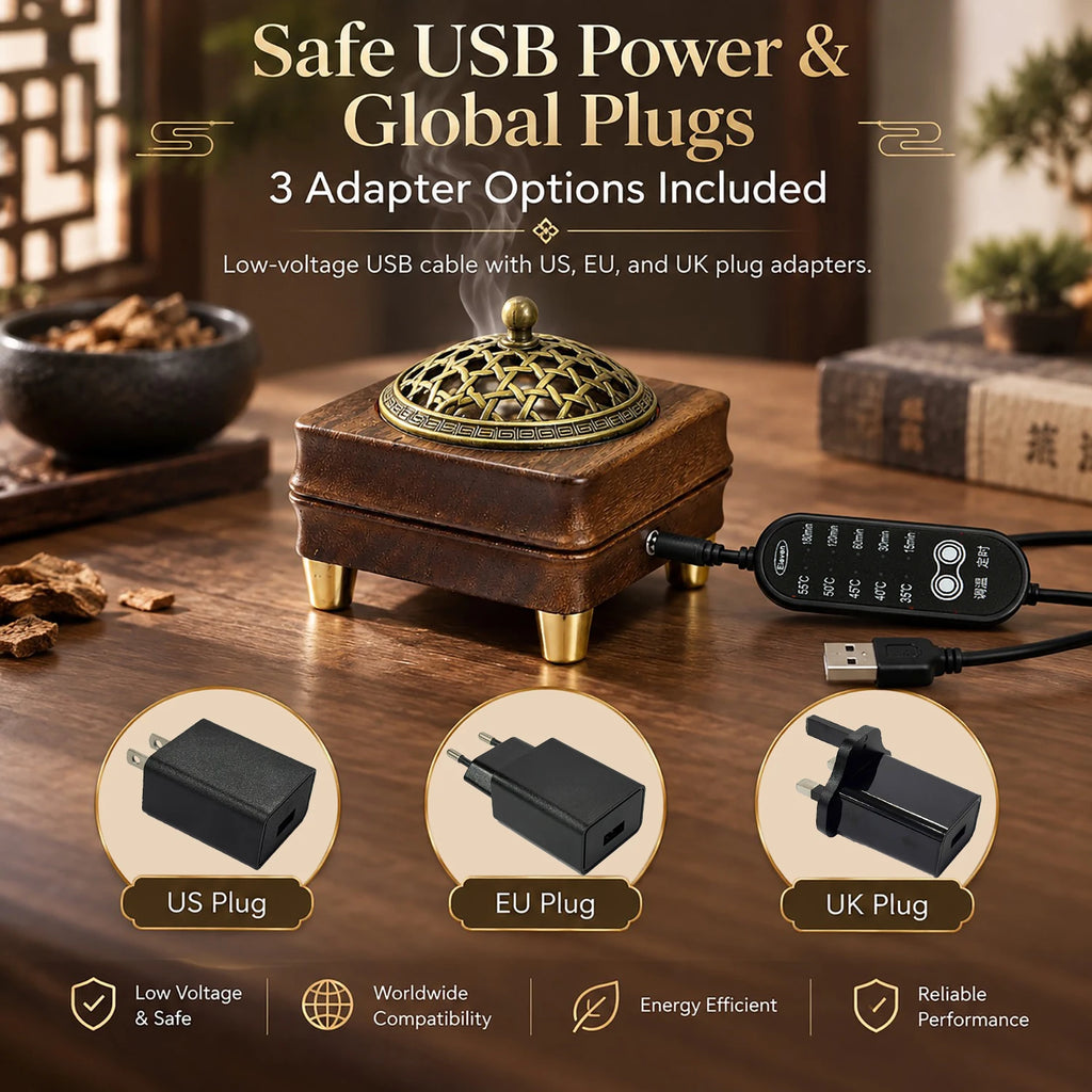 Wooden Electronic Incense Burner USB-powered Essential Oil Burner Adjustable Temp and Timer Bakhoor Burner for Wax Melt Agarwood