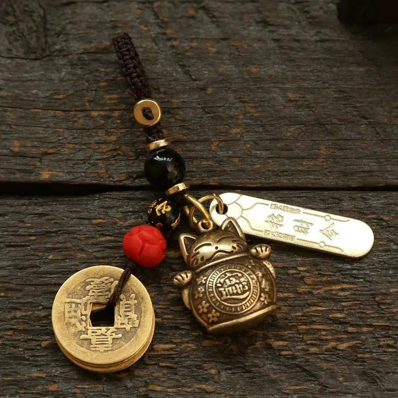 YILUO CD Vintage Lucky Cat Car Keychain Five Emperors Money Calabash Feng Shui Coins Red String Key Ring