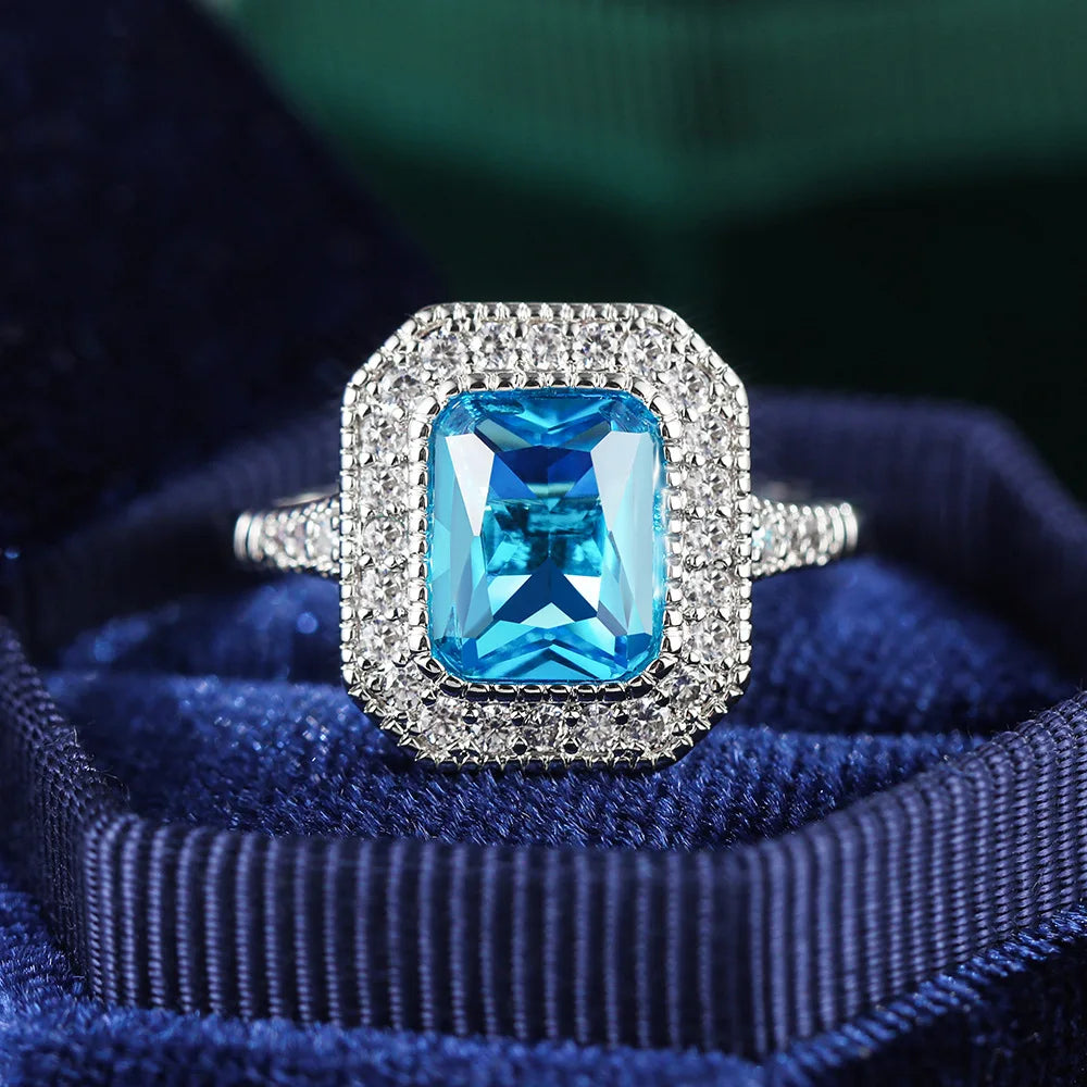 Fashion 925 sterling silver Aquamarine Stone Rings For Women Square cut Blue Zircon Wedding Engagement Ring Jewelry gift