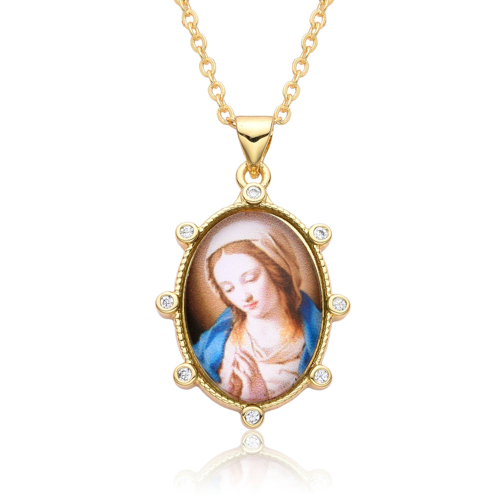 Gold Plated Enamel Virgin Mary Pendant Sacred Heart of Jesus Zirconia Edges Medal Necklace Divine Child Charms Catholic Jewelry