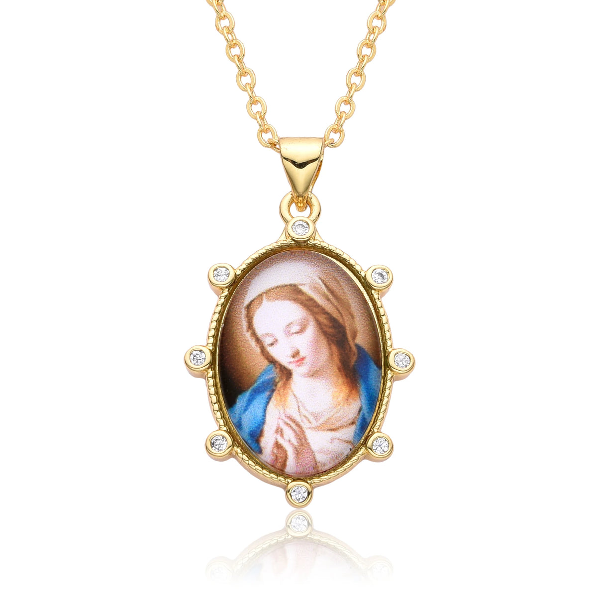 Gold Plated Enamel Virgin Mary Pendant Sacred Heart of Jesus Zirconia Edges Medal Necklace Divine Child Charms Catholic Jewelry