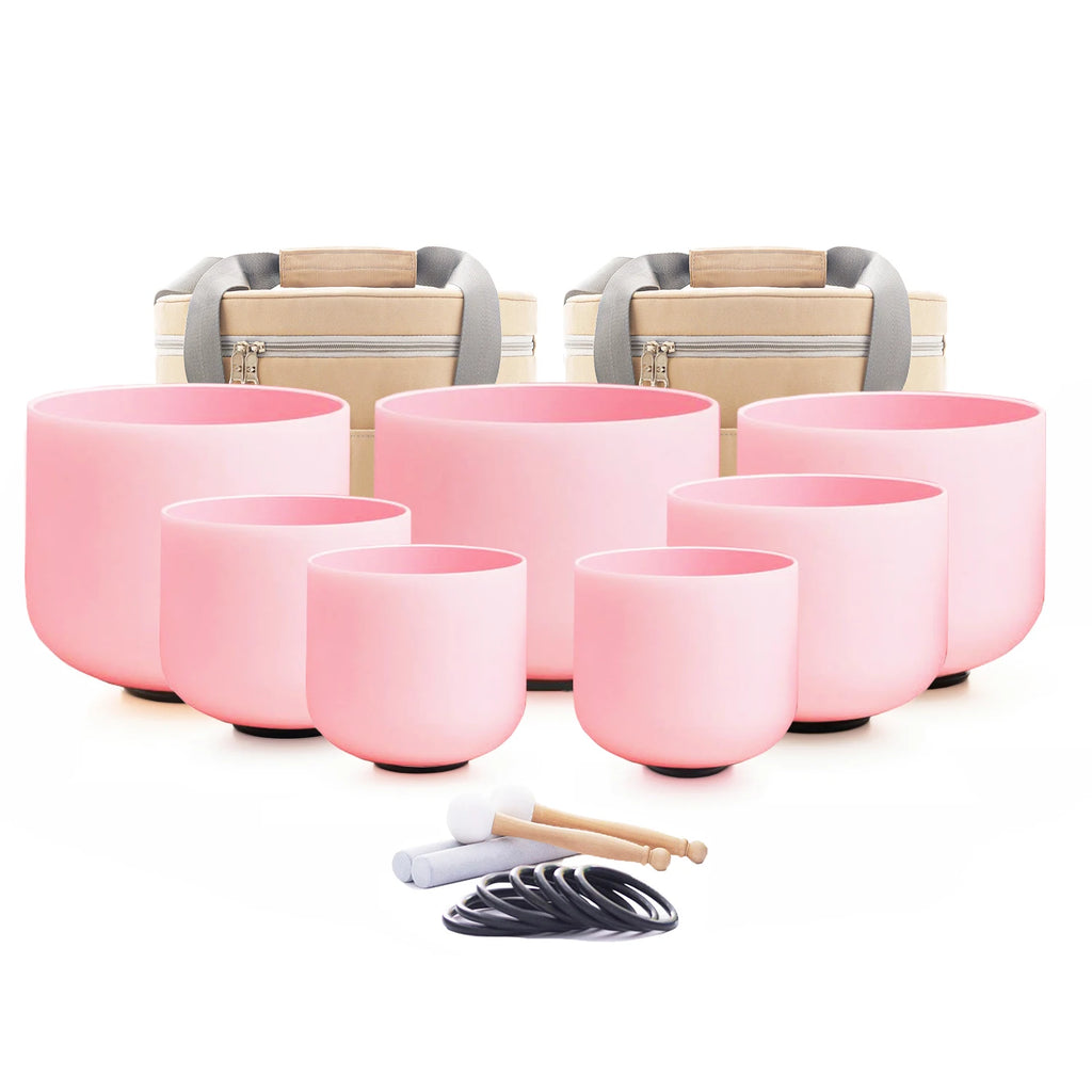 440/432HZ Color Chakra Frosted Quartz Crystal Singing Bowls 6-12" set of 7pcs for yoga and Meditation Sound Healing with Bag