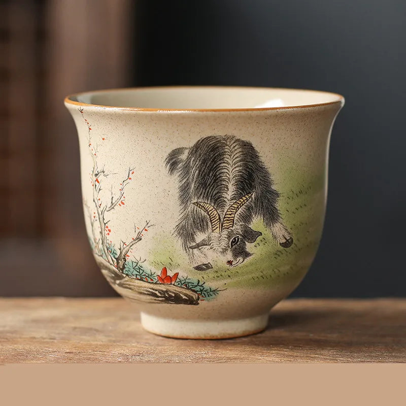 1 Pc Chinese Zodiac Ceramic Tea Cup Handmade Vintage Pottery Tea Bowl Teaware Master Teacup Personal Meditation Cup 110ml
