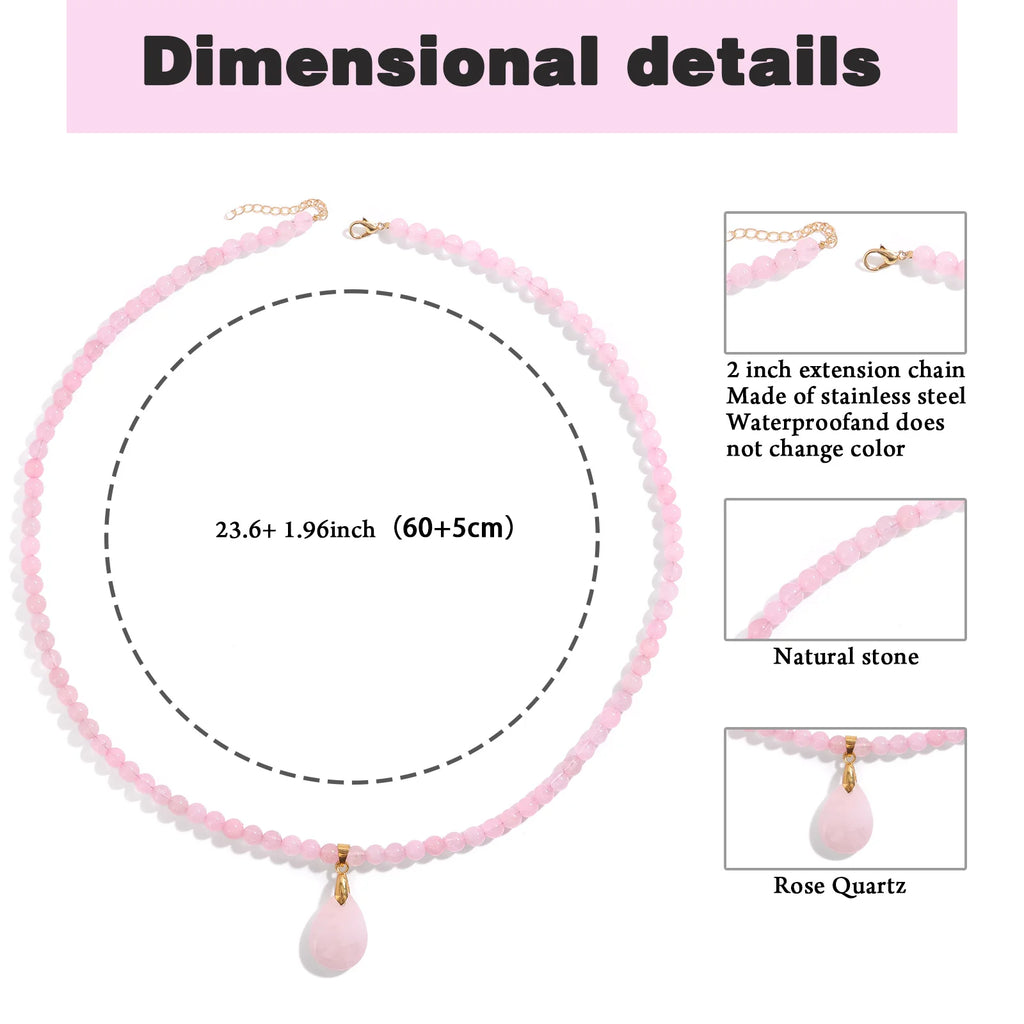 Fashion Boho Rose Quartz Necklace 6mm Round Beads Waterdrop Pendant Necklace for Women Collar Healing Crystal Jewelry