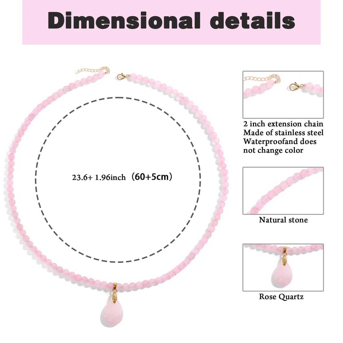 Fashion Boho Rose Quartz Necklace 6mm Round Beads Waterdrop Pendant Necklace for Women Collar Healing Crystal Jewelry