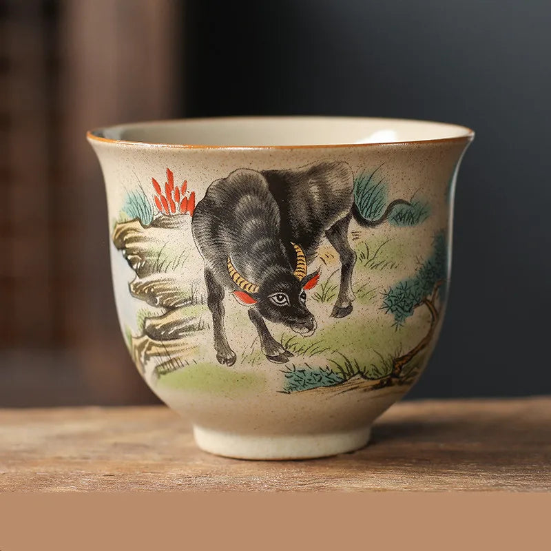 1 Pc Chinese Zodiac Ceramic Tea Cup Handmade Vintage Pottery Tea Bowl Teaware Master Teacup Personal Meditation Cup 110ml