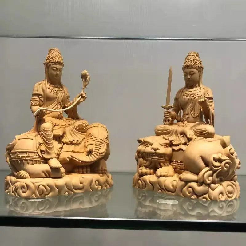 Hand Carved Hinoki Wood Manjushri on Lion Samantabhadra on Elephant Bodhisattva Statues Pair (Set of 2) - Spiritual Ornament