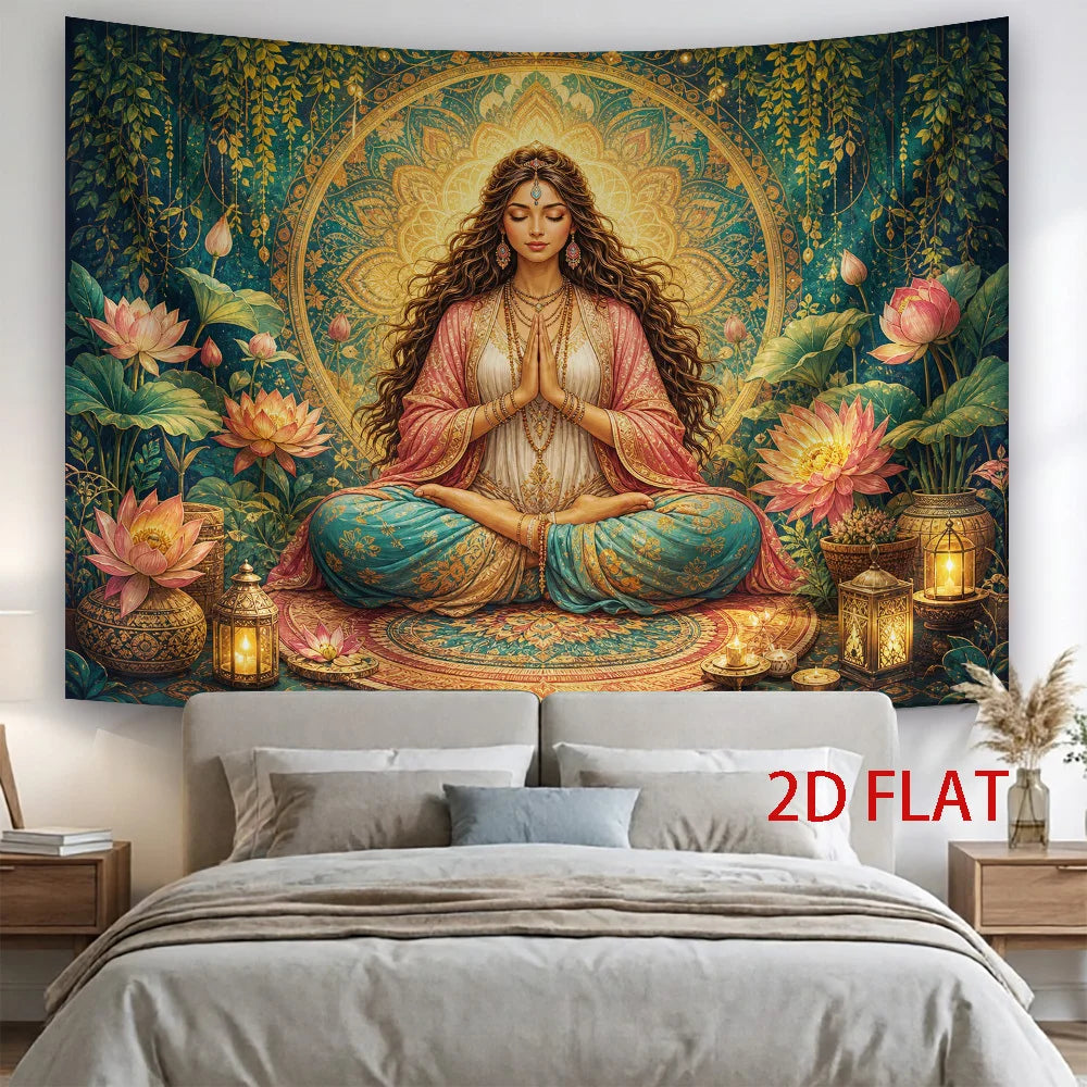 Yoga Meditation Woman Lotus Tapestry Wall Hanging, Bohemian Mandala Spiritual Art for Living Room Sofa Background Wall Decor