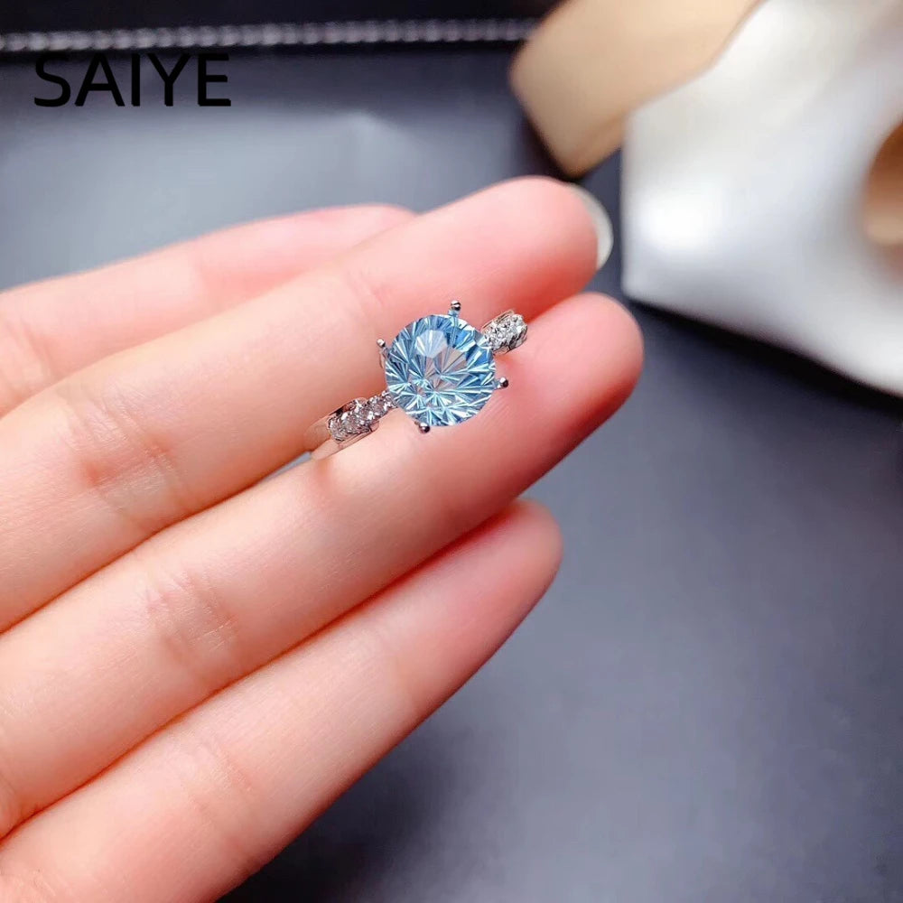 925 Sterling Silver Round Aquamarine Blue CZ Ring for Women Four Prong Solitaire Ring Side Stone Wedding Engagement Jewelry Gift