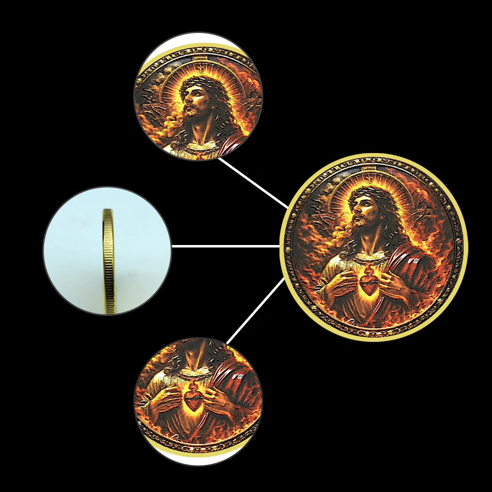 Jesus Sacred Heart Commemorative Coin Cross, Bible, Dove Design, Unique Christian Patriotic Collectible & Spiritual Gift replica