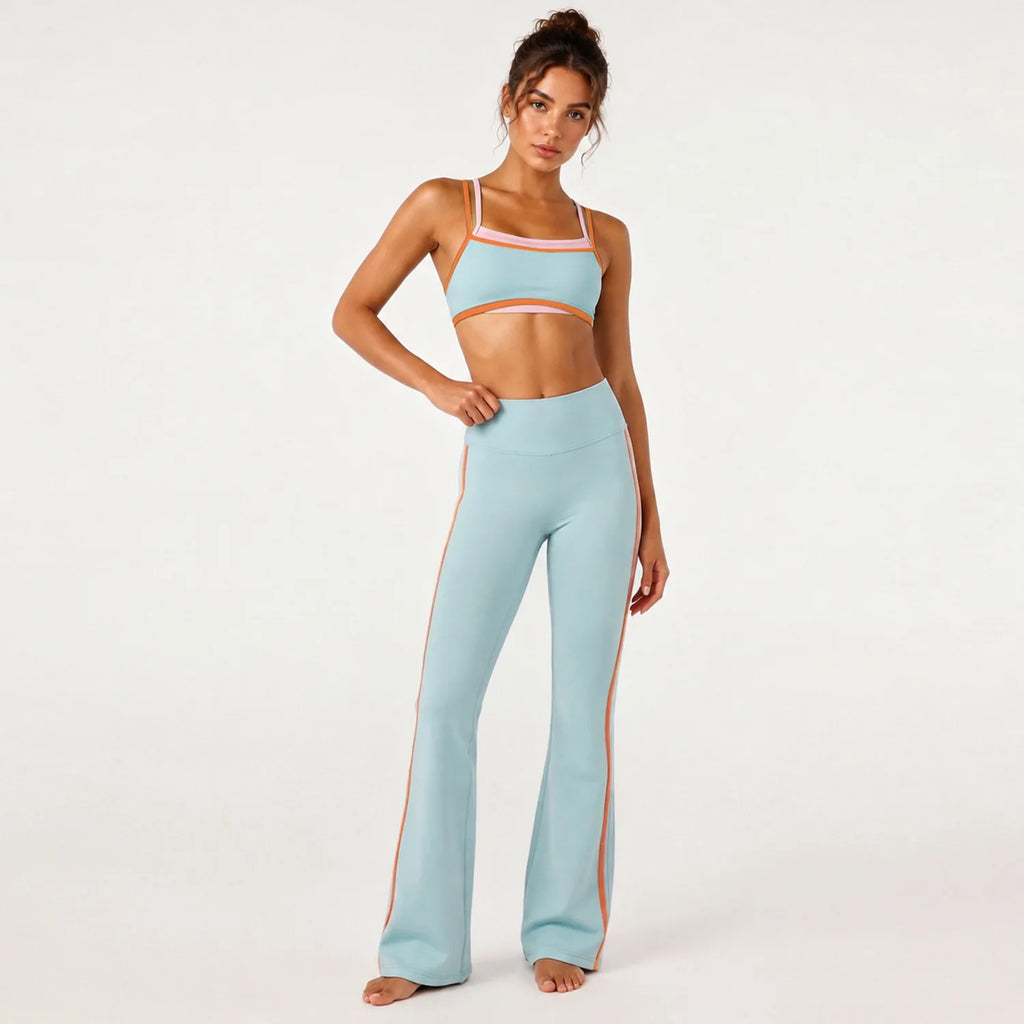 Color Block Contrast Trim Women Fitness Outfit Set Camisole Sports Bra High Elastic Flared Yoga Pants 2Pcs Sport SetSports Wear