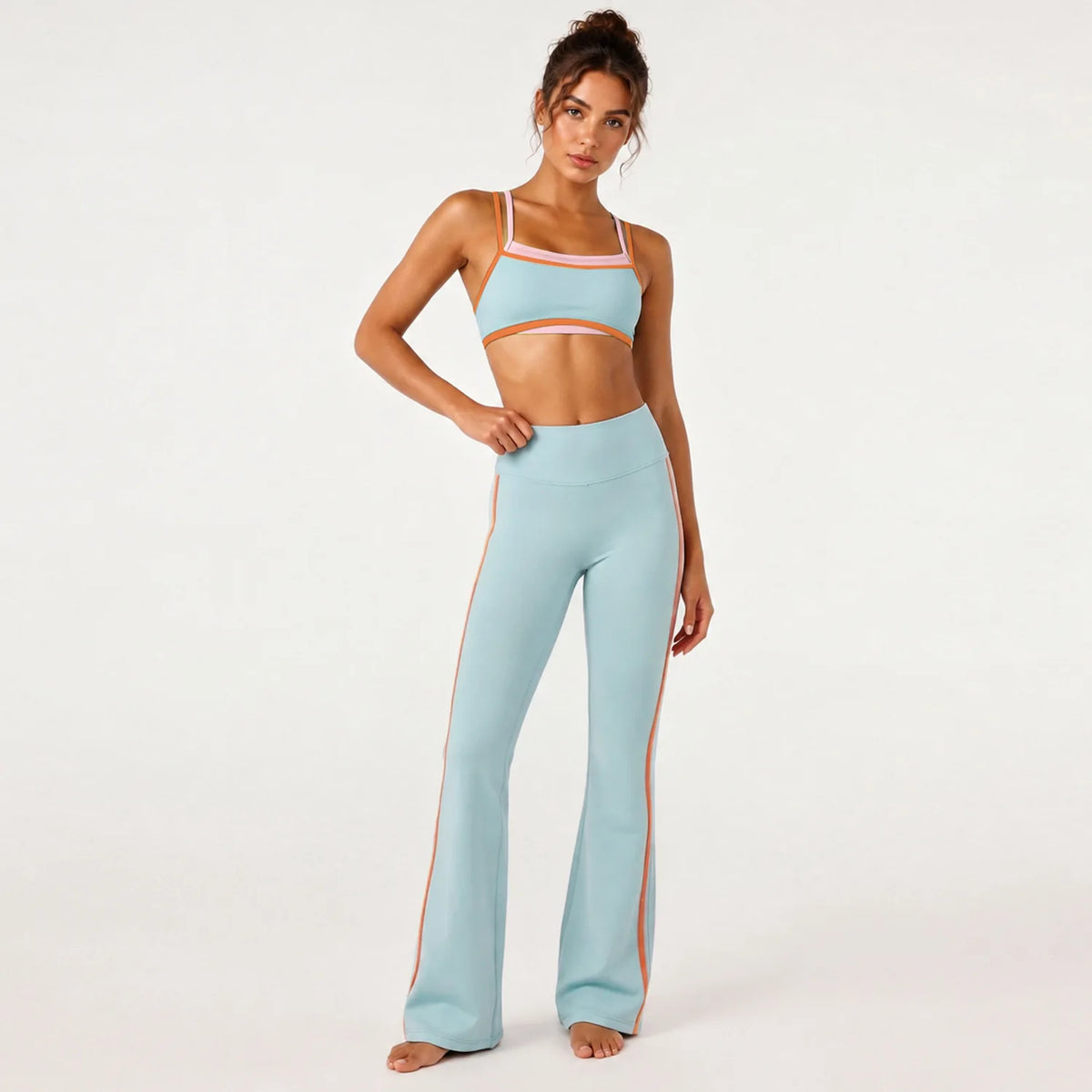 Color Block Contrast Trim Women Fitness Outfit Set Camisole Sports Bra High Elastic Flared Yoga Pants 2Pcs Sport SetSports Wear